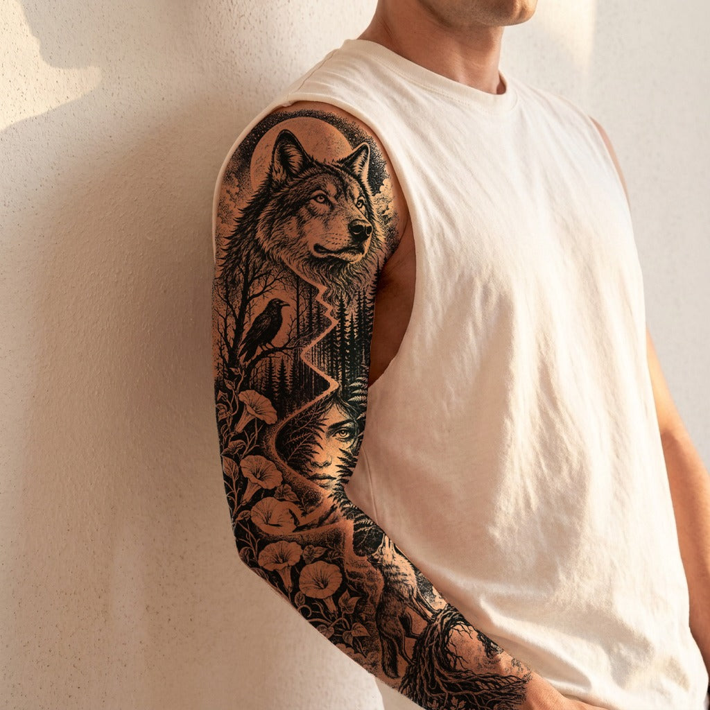 Realistic fake tattoo: wolf and forest full sleeve on a man’s arm