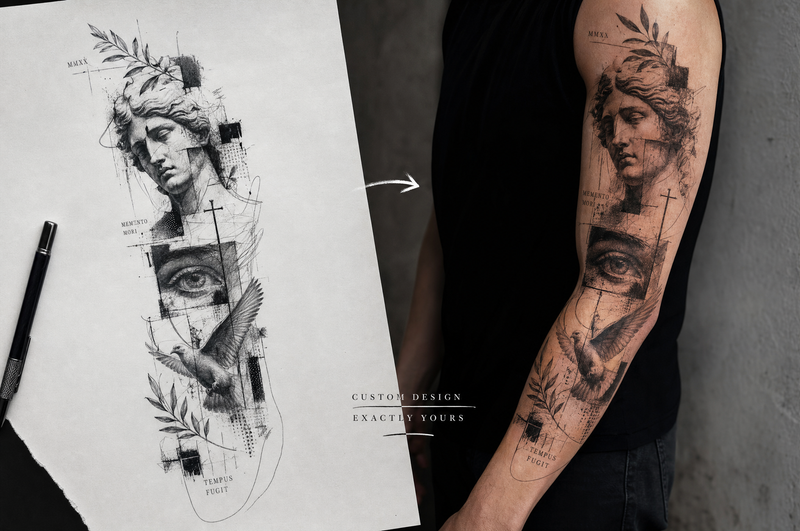 Eigene Tattoo-Skizze neben dem fertigen Tattoo auf einem Arm